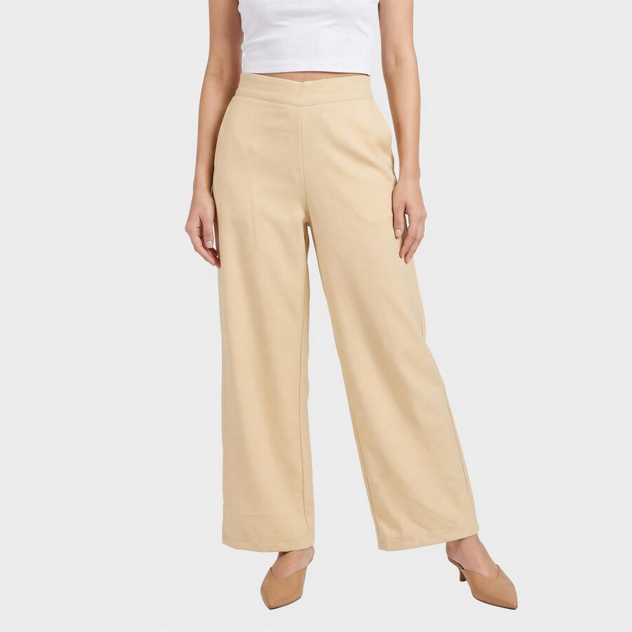 Women Beige Wide Leg High Rise Solid Trousers, गहरा पीला, large