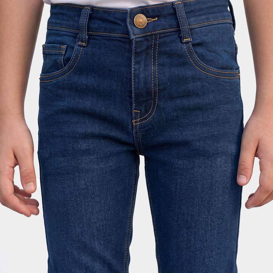 Boys Navy Blue Slim Fit Washed Jeans, गहरा नीला, large