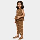Girls' Brown Round Neck Peplum Top and Capri Set, भूरा, small