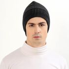 Men's Dark Charcoal Black Textured Knitted Winter Cap, Melange Mid Grey, small image number null