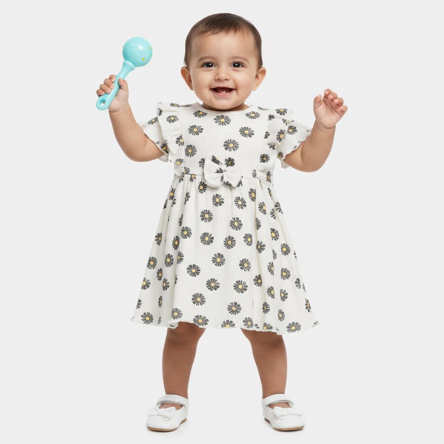 Infants' White Daisy Print Ruffle Sleeve Cotton Frock, Off White, large