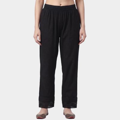Women's Black Straight-Fit Lace Hem Cotton Palazzos