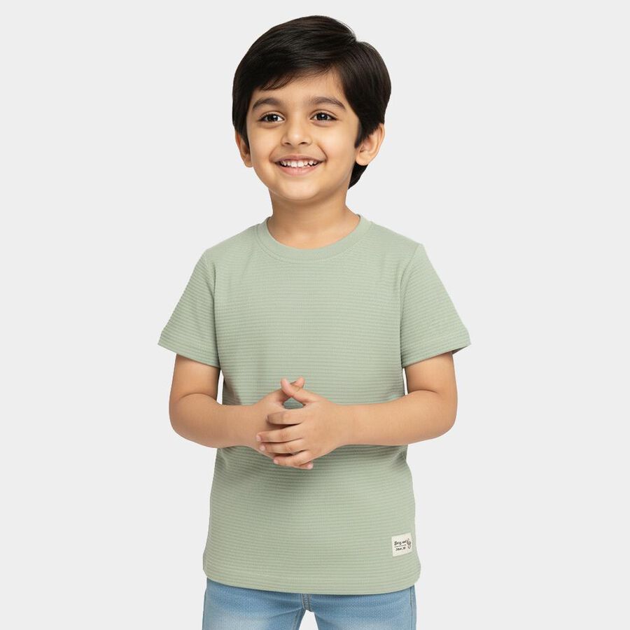 Boys Light Sage Green Crew Neck Casual T-Shirt, हल्का हरा, large image number null