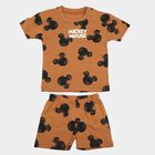 Infants' Brown 100% Cotton Round Neck Mickey Print Baba Suit, Beige, small