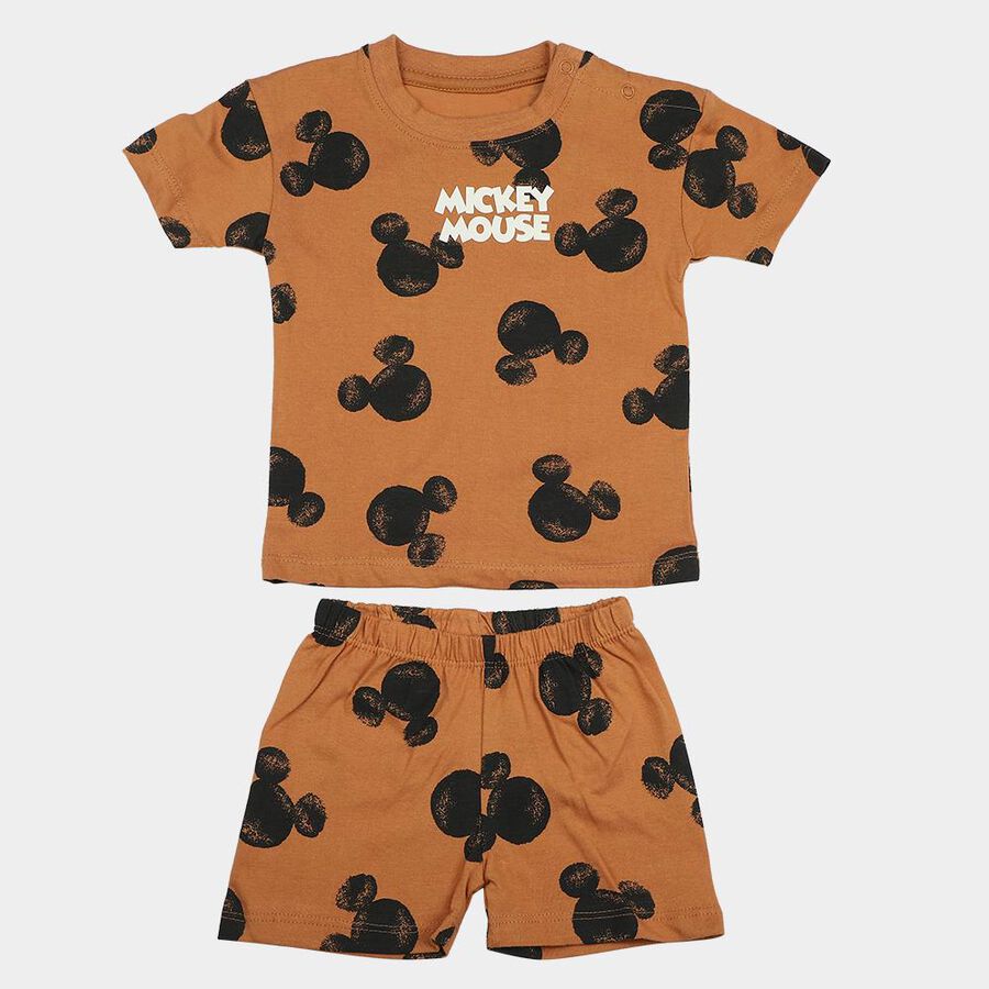 Infants' Brown 100% Cotton Round Neck Mickey Print Baba Suit, Beige, large