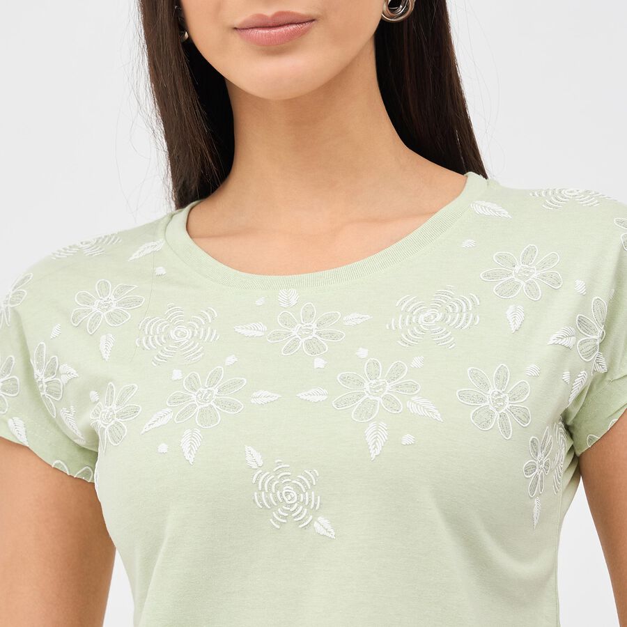 Women's Light Green Round Neck Floral T-Shirt, Light Green, large image number null