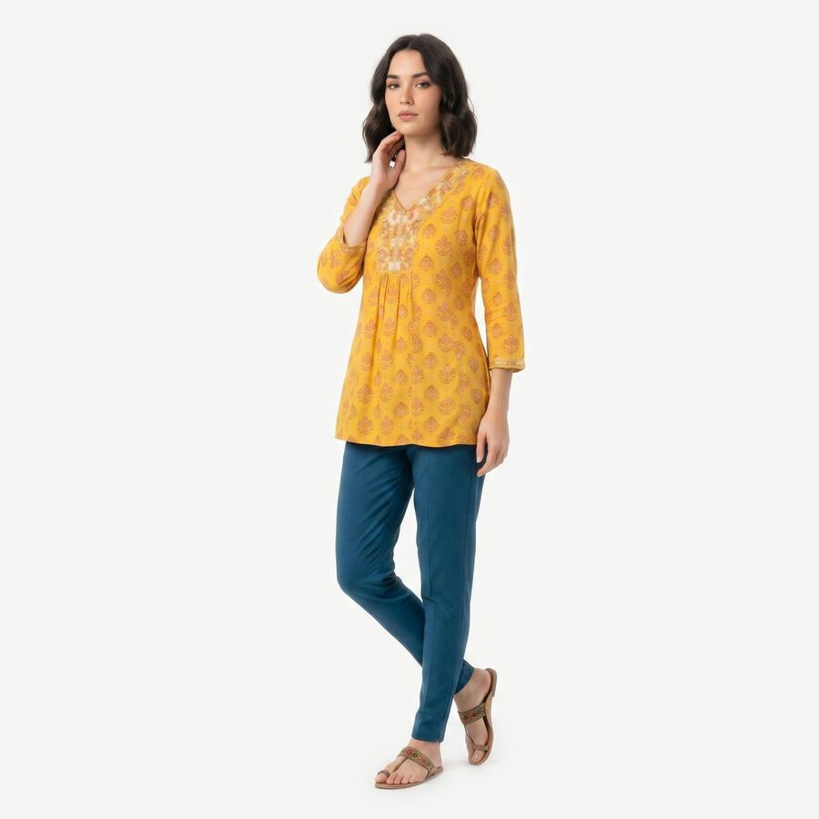 Women's Yellow V-Neck Printed A-Line Kurti, Yellow, large