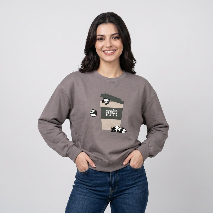 Women Grey Crew Neck Drop Shoulder Sweatshirt, गहरा ग्रे, large