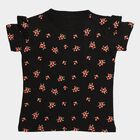 Girls' Jet Black Cotton Round Neck Casual T-Shirt, काला, small