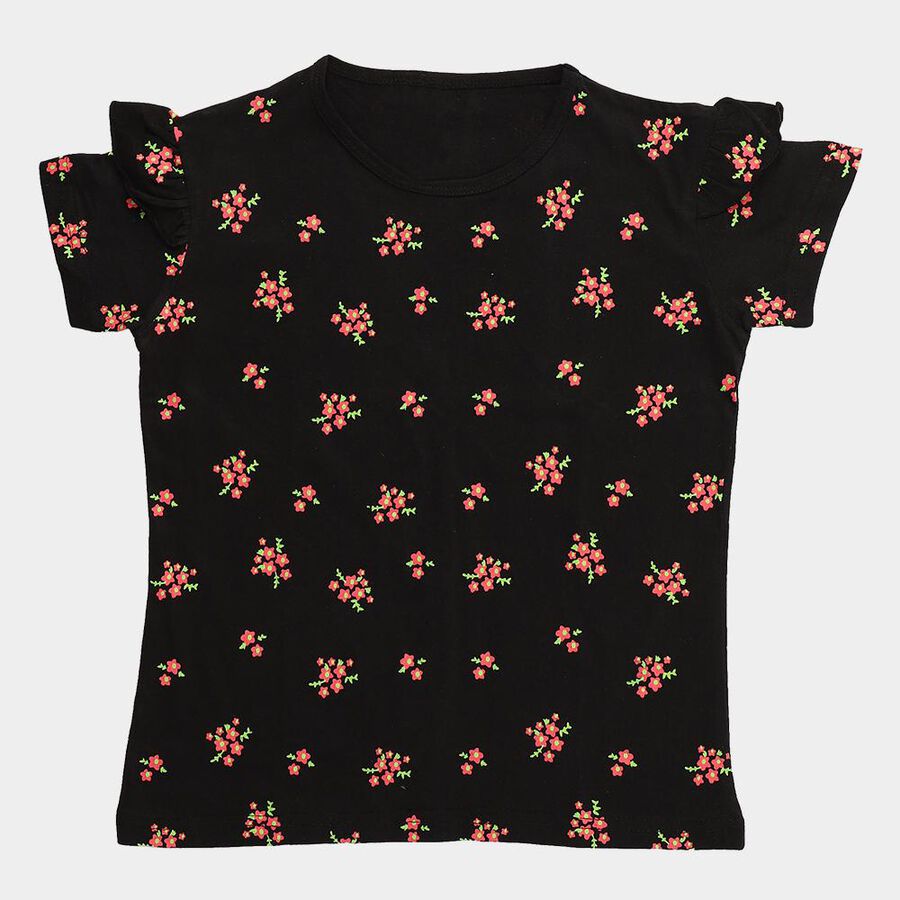 Girls' Jet Black Cotton Round Neck Casual T-Shirt, काला, large