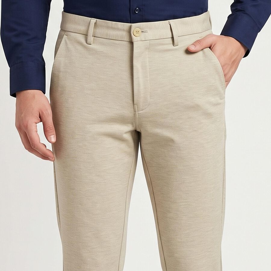 Men's Beige Slim Fit Flat-Front Casual Trousers, गहरा पीला, large