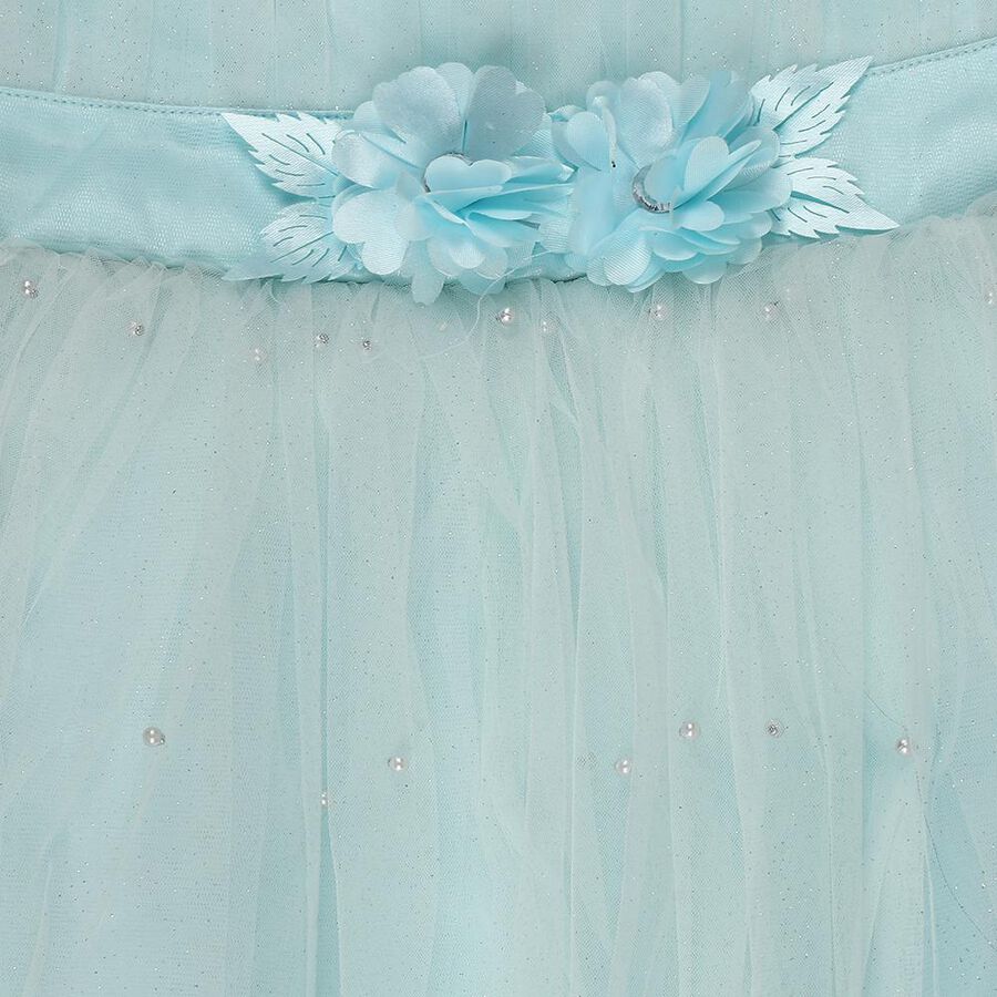 Girls' Navy Blue and Pink Fit and Flare Floral Printed Frock, हल्का नीला, large