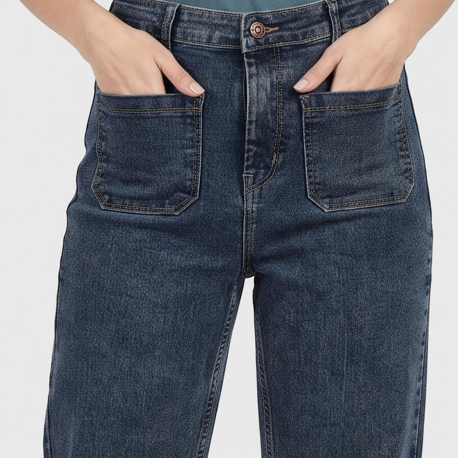 Women's Navy Blue Straight Fit Washed Jeans, हल्का नीला, large