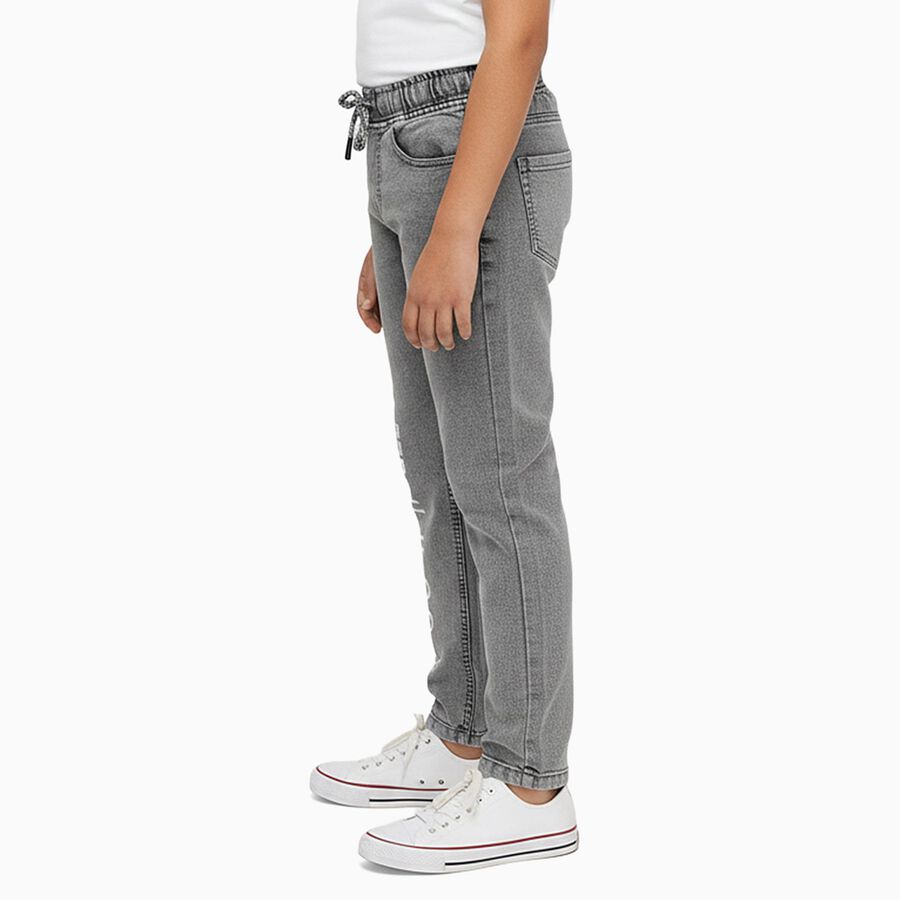 Boys Muted Grey Regular Fit Printed Jogger Jeans, Light Grey, large image number null