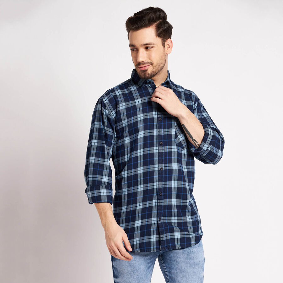 Cotton Checks Casual Shirt, Navy Blue, large image number null