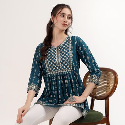 Women's Teal Mandarin Collar Self Design Straight Kurti