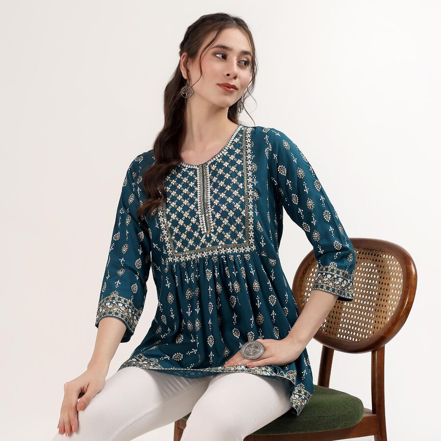 Women's Teal Mandarin Collar Self Design Straight Kurti, टील ब्लू, large