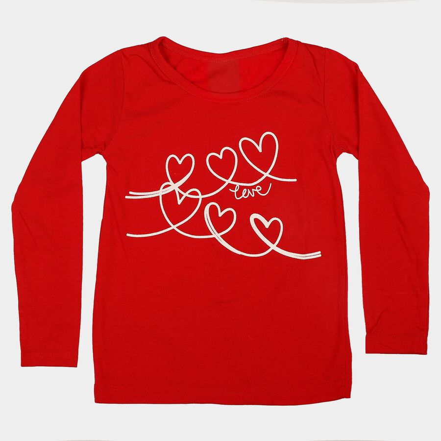 Girls Red Round Neck Regular Top, Red, large
