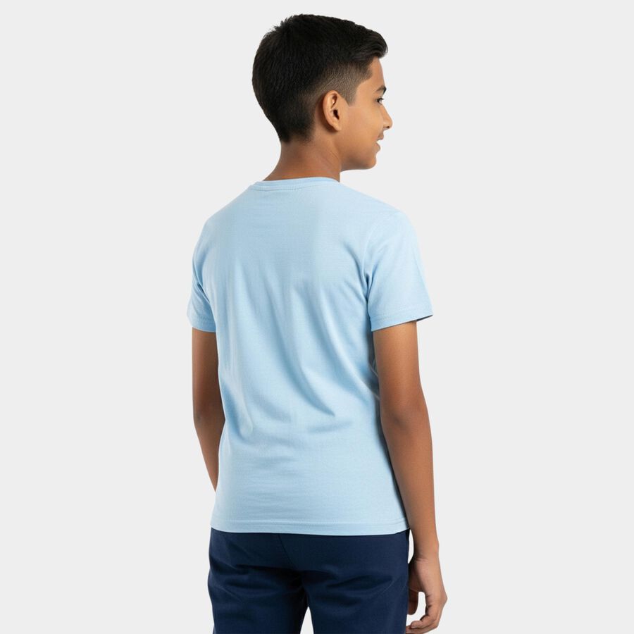Boys Blue Cotton Round Neck Casual T-Shirt, Light Blue, large
