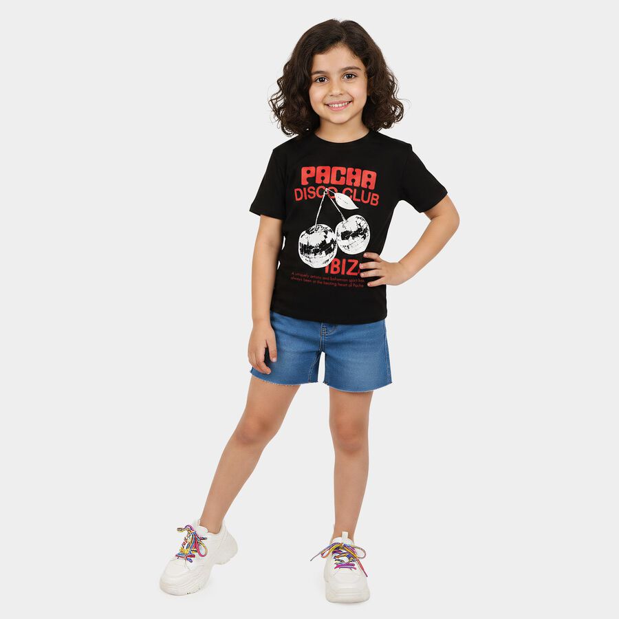 Girls Black Round Neck Regular Graphic Print T-Shirt, काला, large
