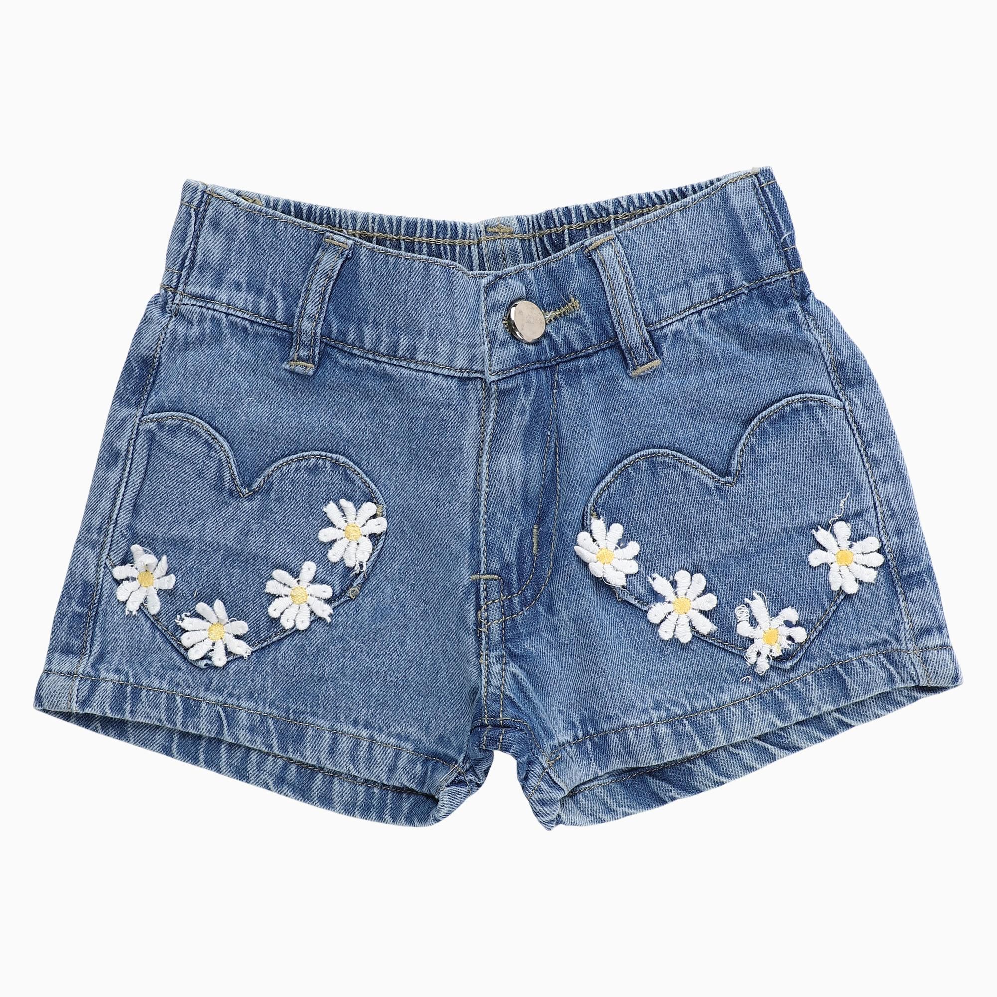 Hand Print Girls' Steel Blue Regular Fit Embroidered Heart Denim