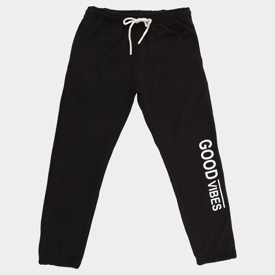 Boys Jet Black Good Vibes Printed Winter Pyjama, काला, large image number null