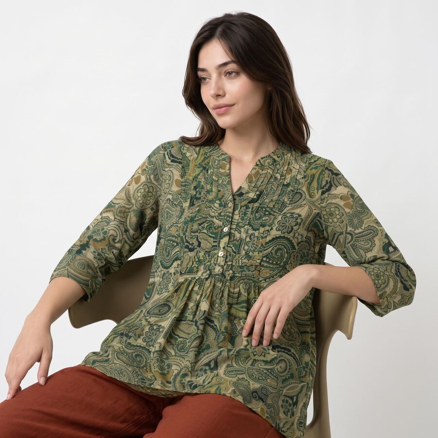 Women's Olive Green V-Neck Printed Kurti, गहरा हरा, large
