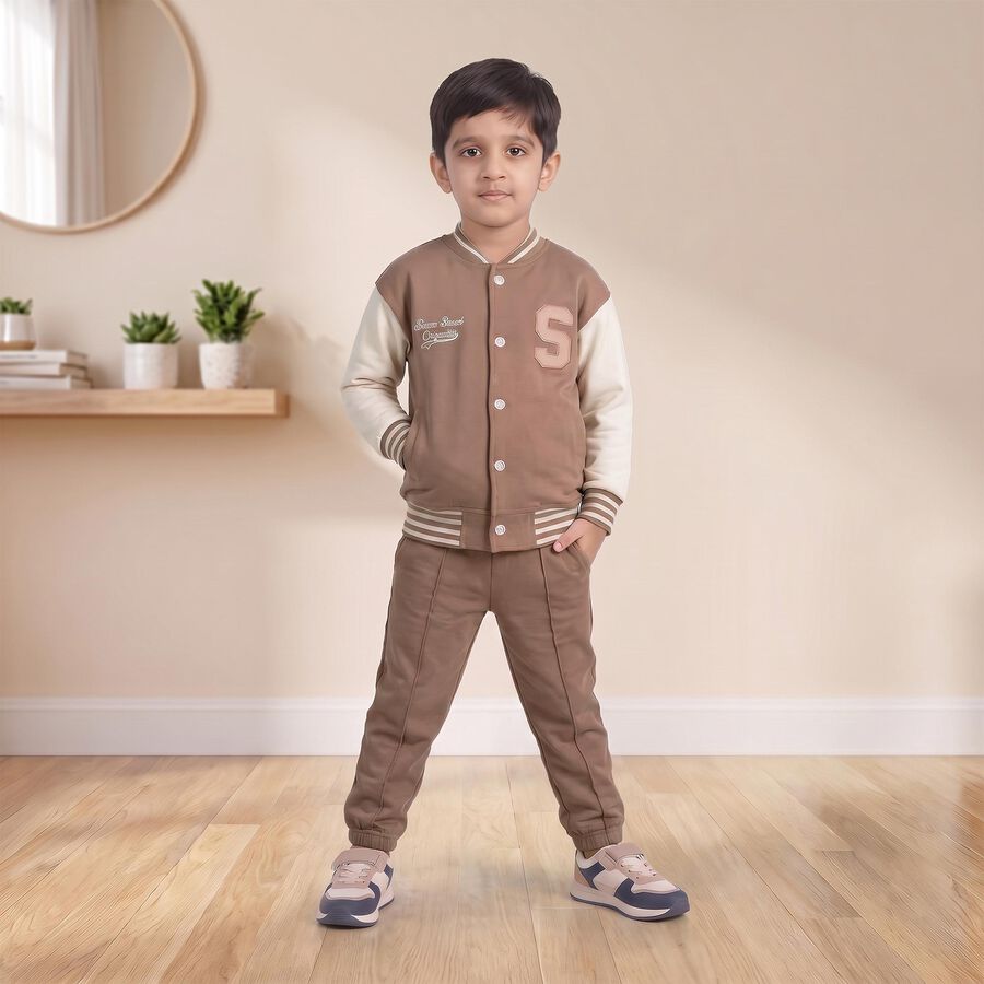 Boys' Beige Round Neck Applique Baba Suit, Beige, large