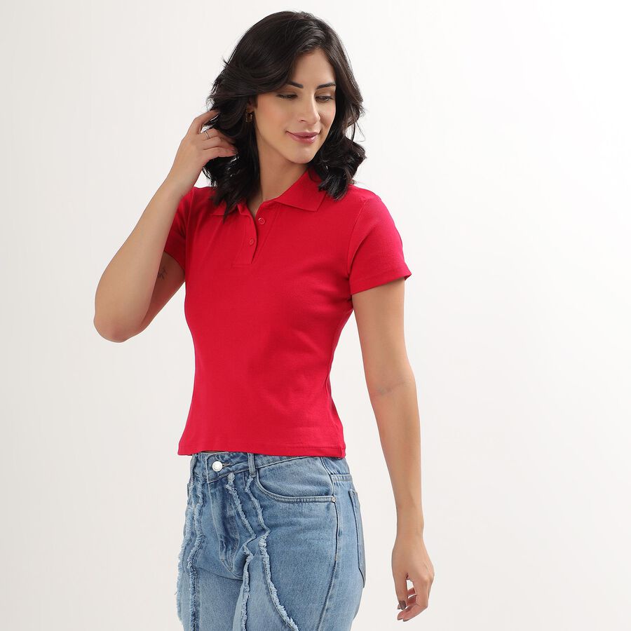 Women's Vibrant Red Polo Neck Ribbed T-Shirt, Fuchsia, large image number null