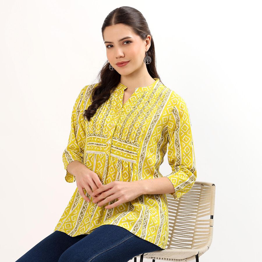 Women's Bright Mustard Yellow Mandarin Collar Geometric Printed Kurta, Olive, large image number null