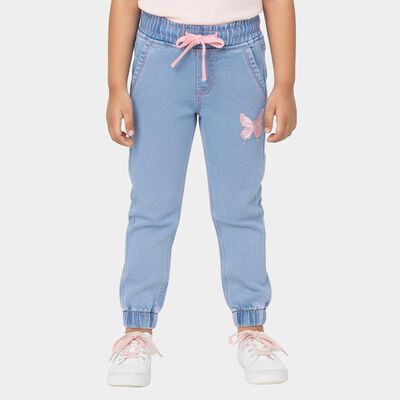 Girls' Light Blue Elastic Waist Embroidered Jeans