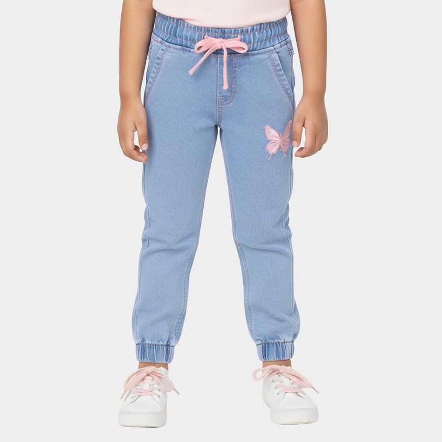 Girls' Light Blue Elastic Waist Embroidered Jeans, मध्यम नीला, large image number null
