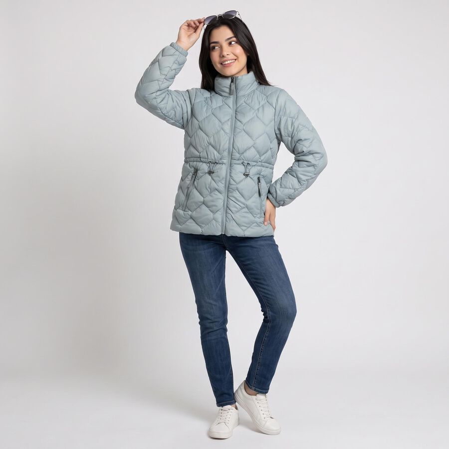 Women's Light Green Stand Collar Puffer Jacket, Light Green, large