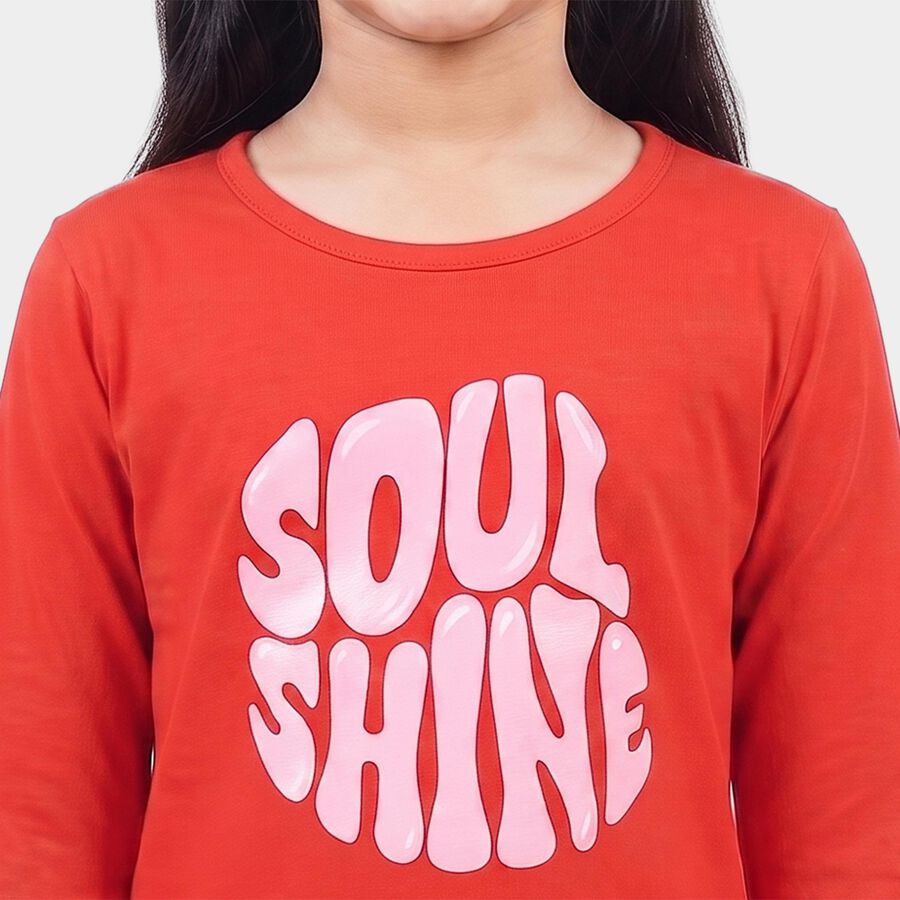 Girls Red Round Neck Regular Top, Red, large