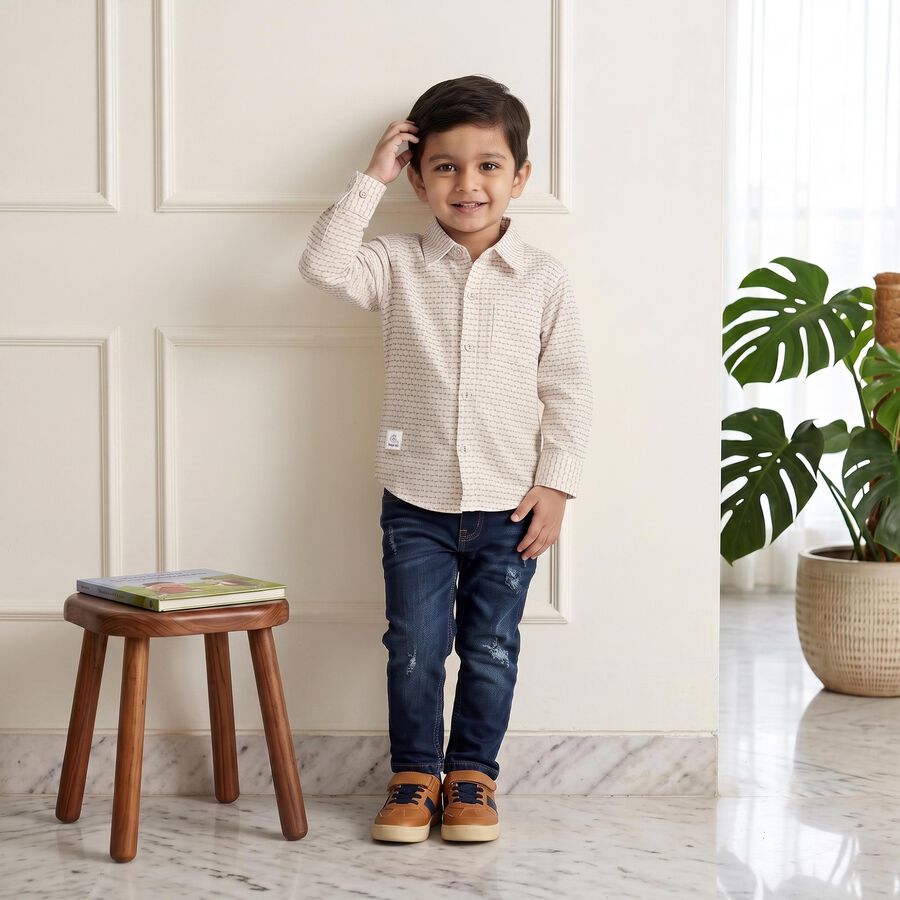Boys Cream Cotton Long Sleeve Collar Shirt, ऑफ व्हाइट, large