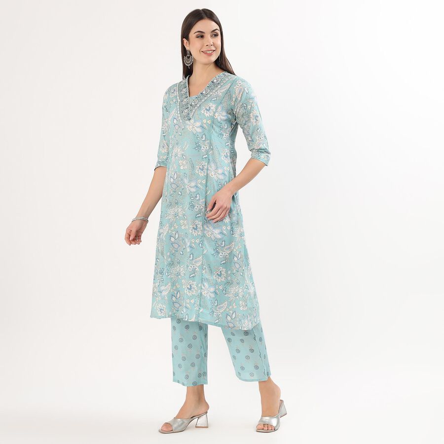 Women's Light Blue Cotton Round Neck Solid Kurta, हल्का नीला, large