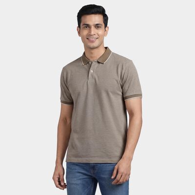 Men's Beige Cotton Polo Collar Classic T-Shirt