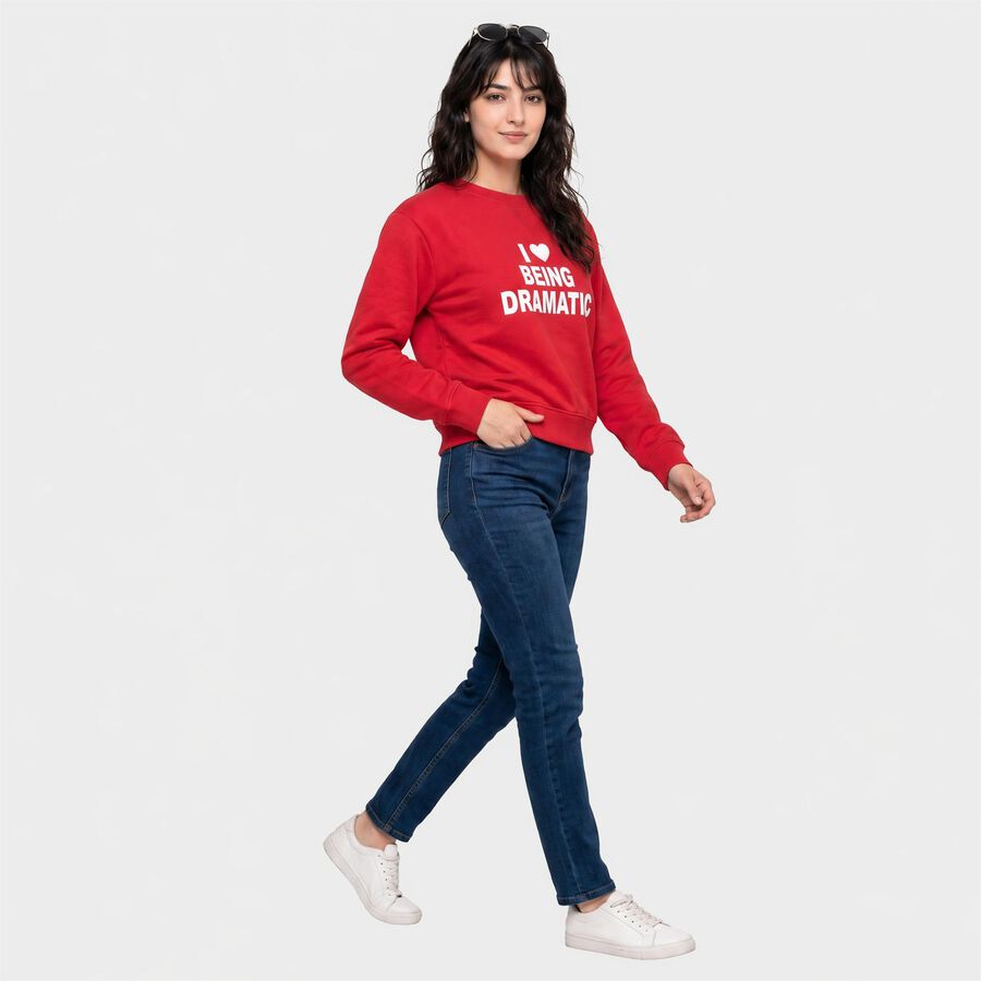 Women Fuchsia Crew Neck Graphic Print Sweatshirt, Fuchsia, large