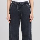 Women's Navy Blue Wide Leg Drawstring Jeans, Dark Blue, small