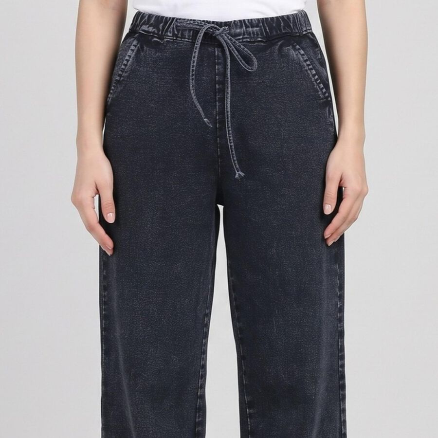 Women's Navy Blue Wide Leg Drawstring Jeans, Dark Blue, large