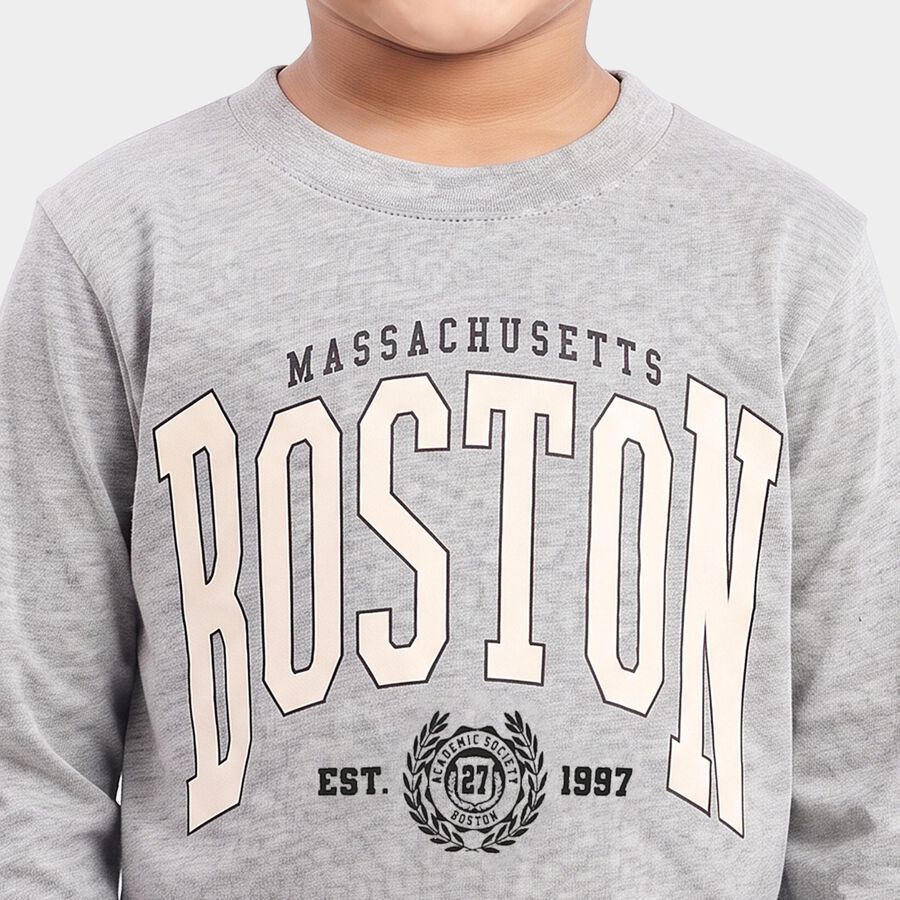 Boys Grey Cotton Blend Crew Neck Regular T-Shirt, Melange Light Grey, large