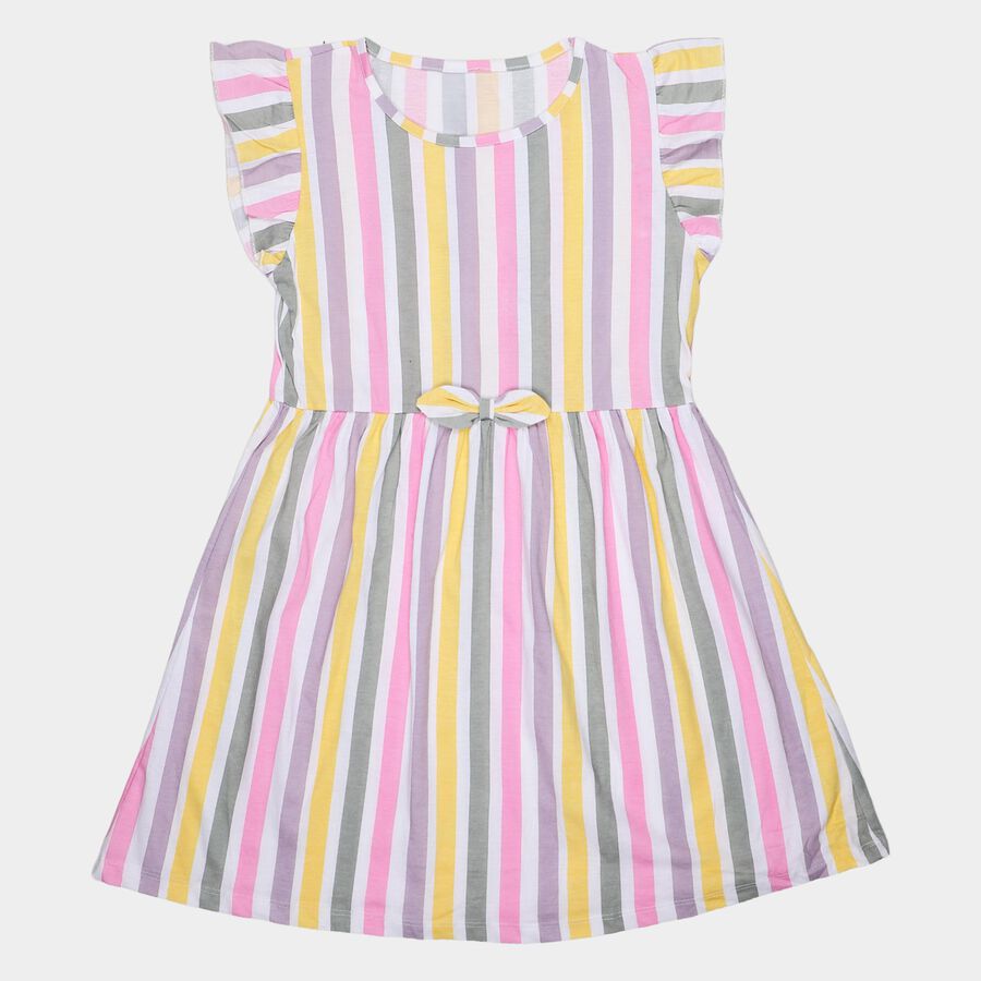 Girls' Multicolour Striped Flutter Sleeve Fit and Flare Frock, Off White, large