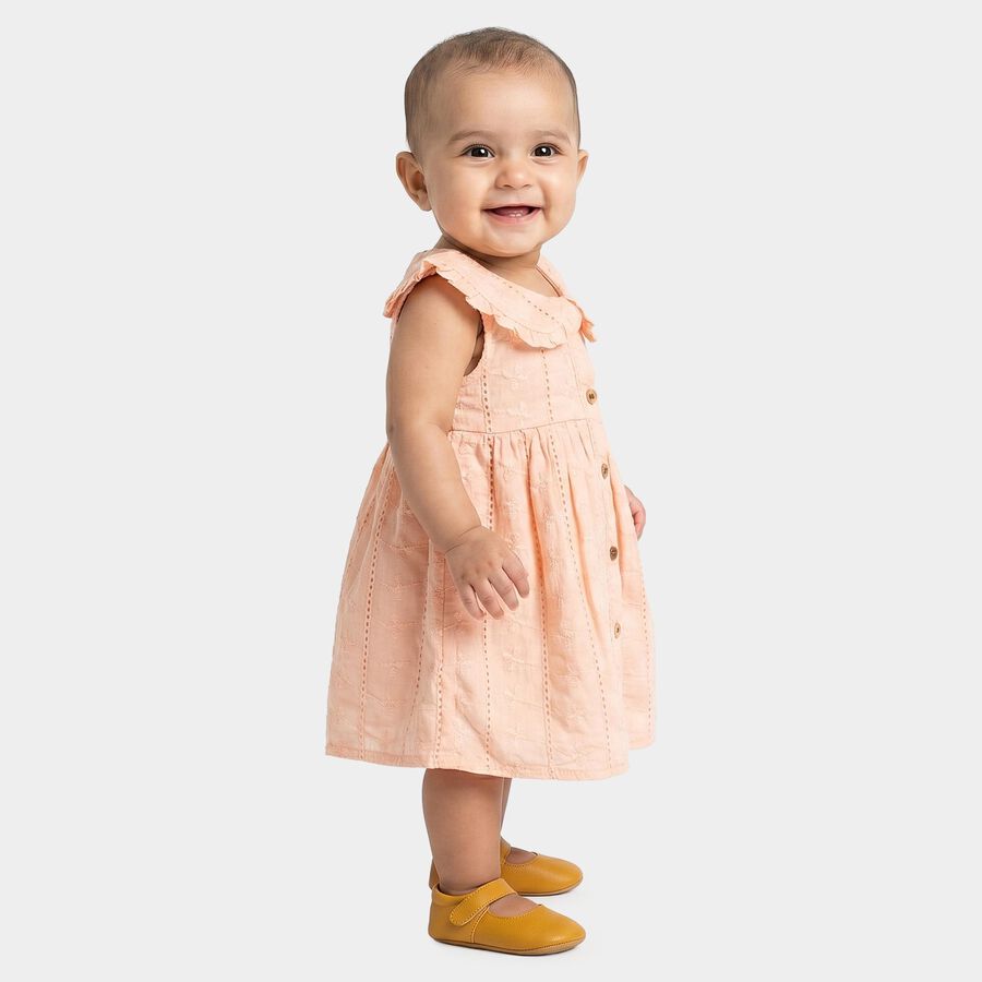 Infants' Peach Sleeveless Fit and Flare Ruffled Collar Frock, Peach, large