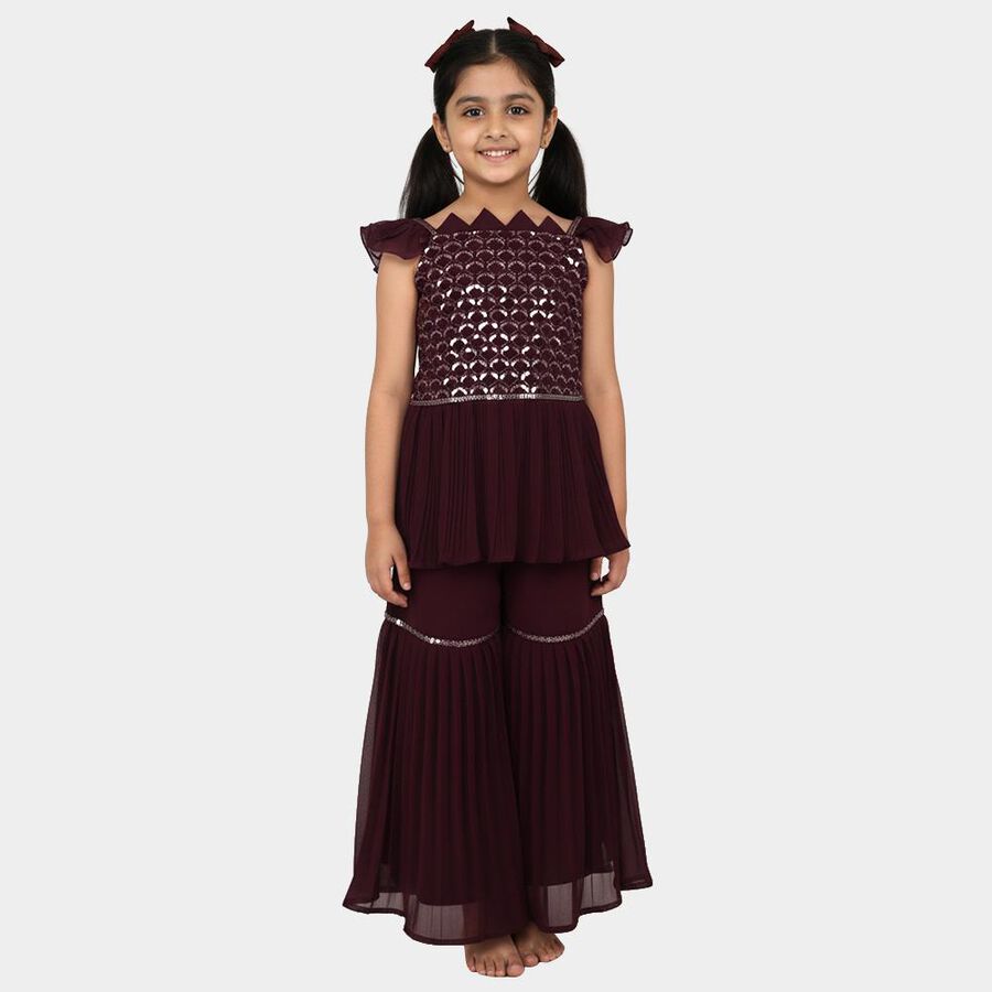 Girls Deep Maroon Sleeveless Embroidered Top and Sharara Fusion Set with Dupatta, Wine, large image number null