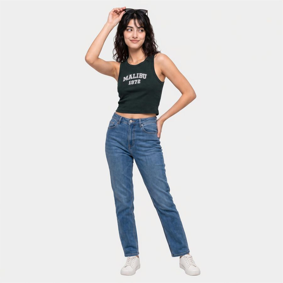 Women's Green Cotton Blend Round Neck Crop T-Shirt, गहरा हरा, large