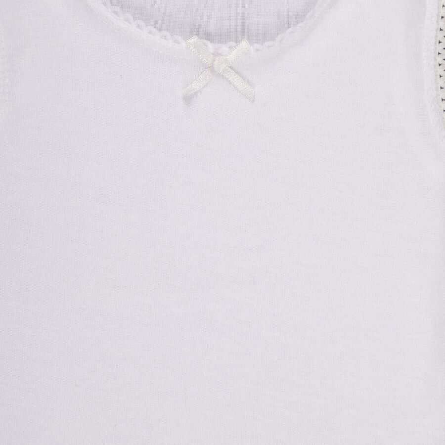 Girls Bright White Cotton Round Neck Sleeveless Vest, White, large image number null