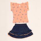 Infants Bright Orange Rabbit Printed Ruffle Sleeve Top and Tiered Skirt Set, पीच, small image number null