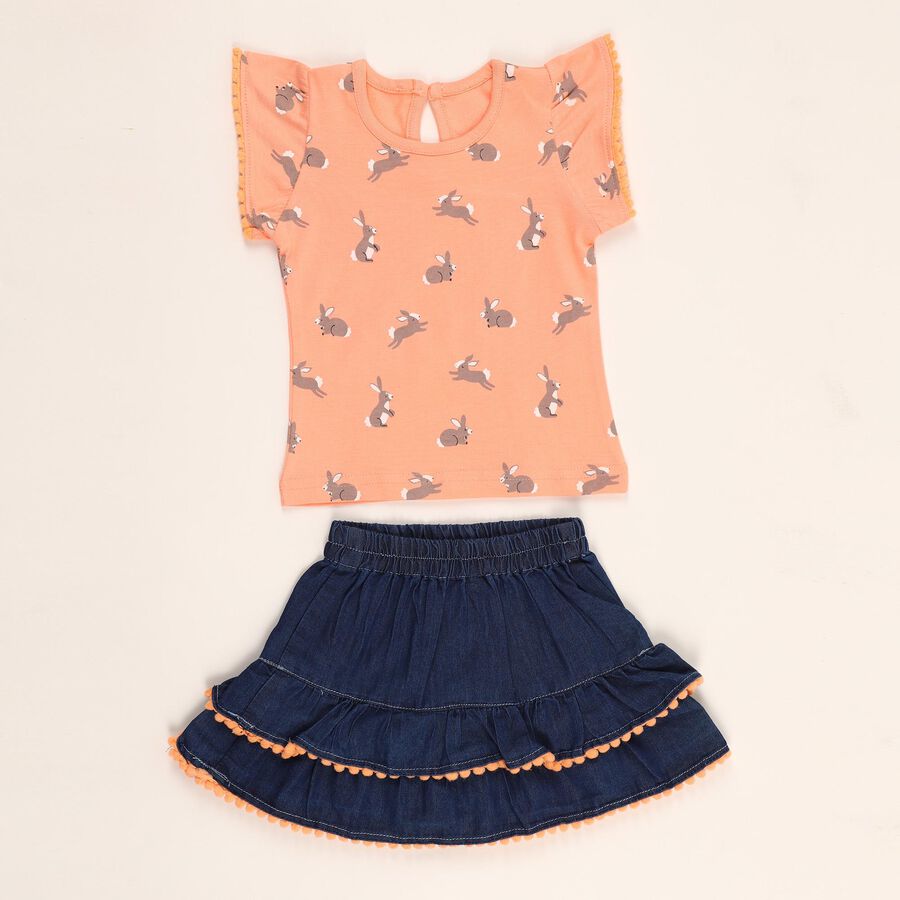 Infants Bright Orange Rabbit Printed Ruffle Sleeve Top and Tiered Skirt Set, पीच, large image number null