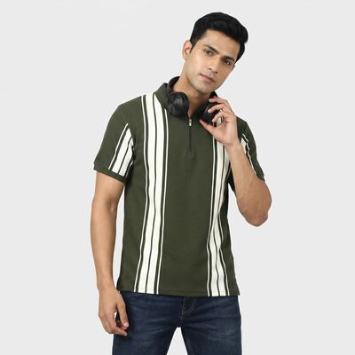 Men Olive Green Polo Neck Striped Polo T-Shirt