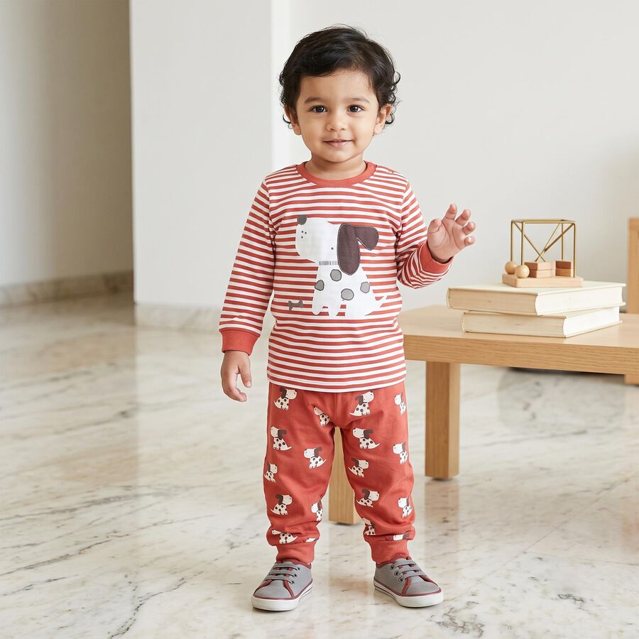 Infants' Coral 100% Cotton Round Neck Striped Baba Suit, Coral, large
